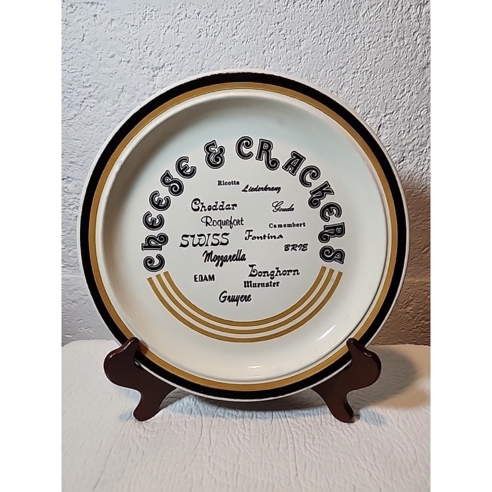 VTG Cheese & Crackers 11.5" Plate Made in USA Black Font Gold & Black Trim MCM